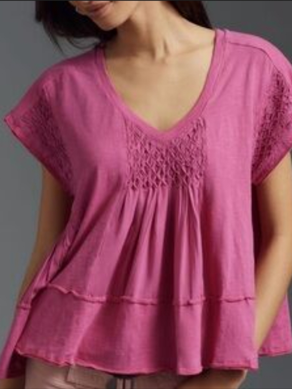 155-Women's Pink Smocked V-Neck Peasant Top